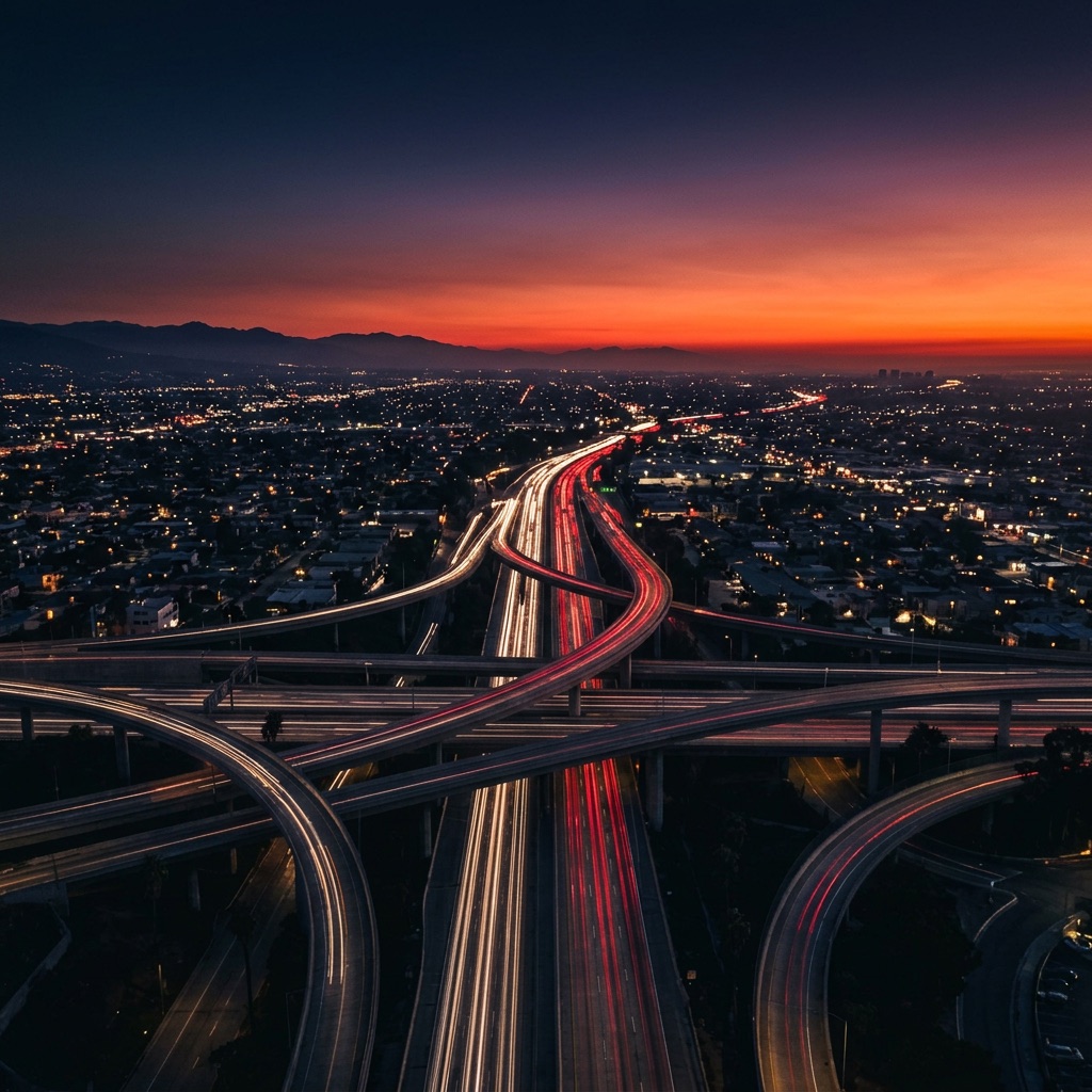 Los Angeles freeway interchange at dusk